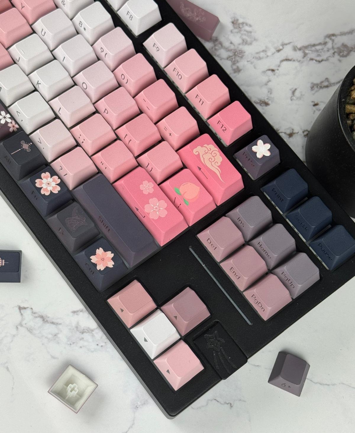 Backlit Sakura Cherry Blossom Keycap Set, Japanese Gradient Side Print keycaps for Mechanical Keyboard, Pink Aesthetic Gaming Keyboard Decor