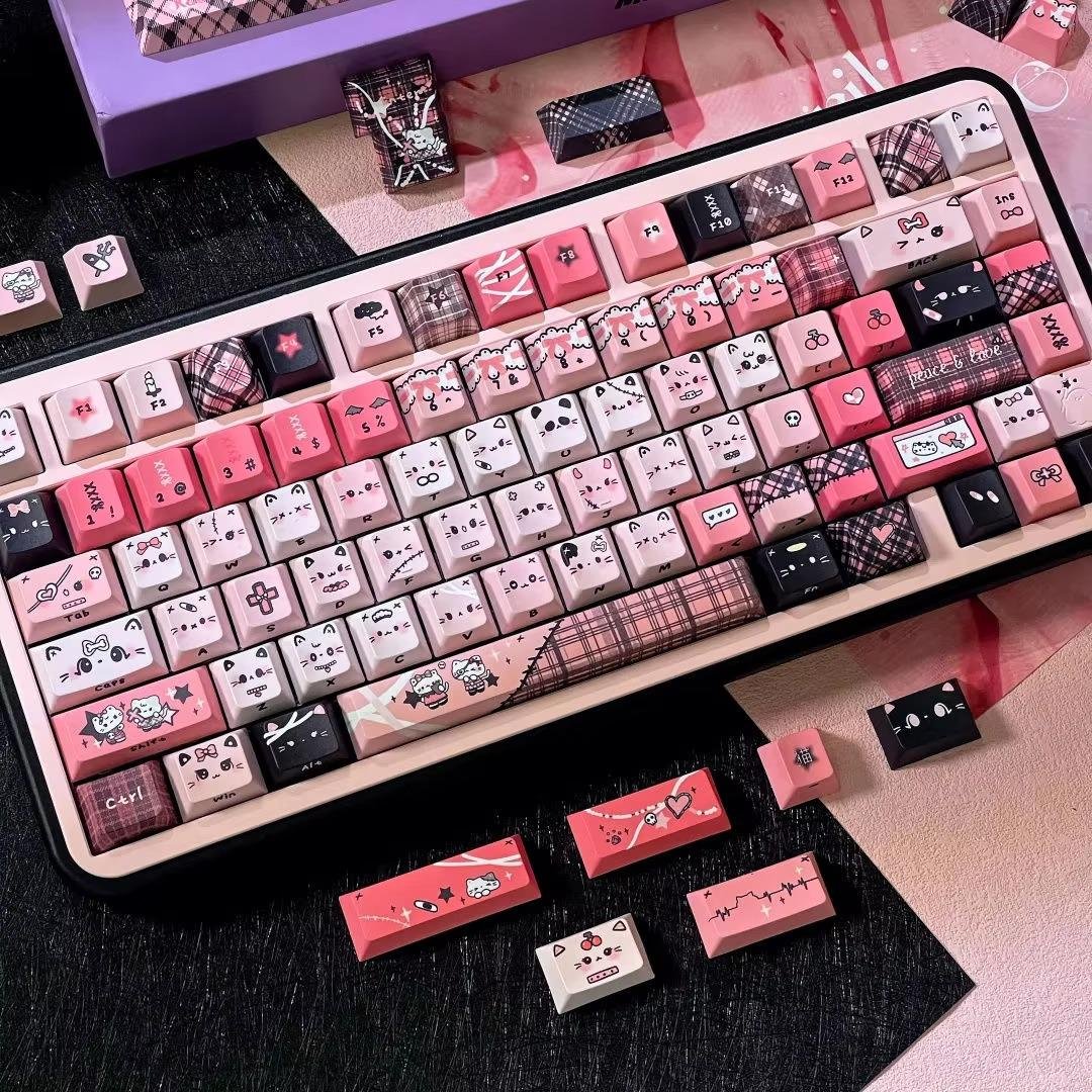 Black Pink Cat Keycap Set, 130 PBT Side-Carved Keys, Cute Keycaps for Mechanical Keyboard, 7U Split Layout, Aesthetic Design - Image 4