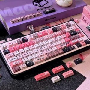 Black Pink Cat Keycap Set, 130 PBT Side-Carved Keys, Cute Keycaps for Mechanical Keyboard, 7U Split Layout, Aesthetic Design