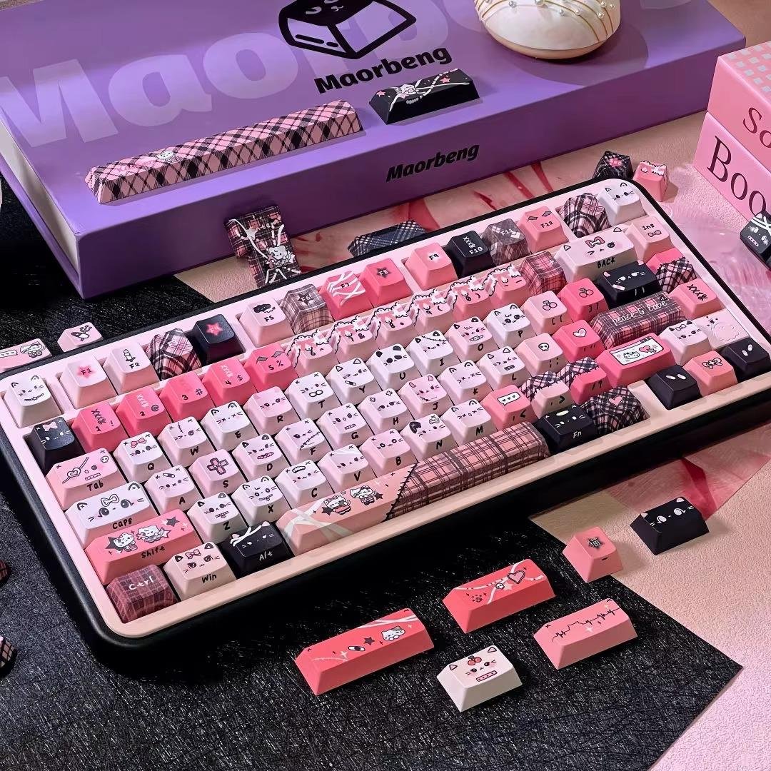 Black Pink Cat Keycap Set, 130 PBT Side-Carved Keys, Cute Keycaps for Mechanical Keyboard, 7U Split Layout, Aesthetic Design