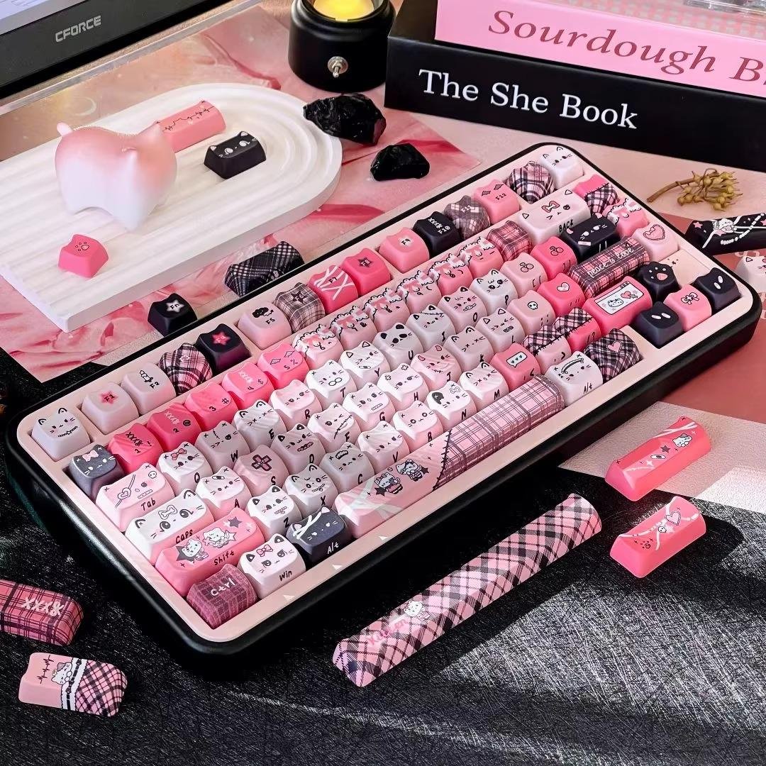 Black Pink Cat Keycap Set, 130 PBT Side-Carved Keys, Cute Keycaps for Mechanical Keyboard, 7U Split Layout, Aesthetic Design - Image 3