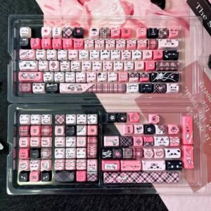Alternative view of Black Pink Cat Keycap Set, 130 PBT Side-Carved Keys, Cute Keycaps for Mechanical Keyboard, 7U Split Layout, Aesthetic Design