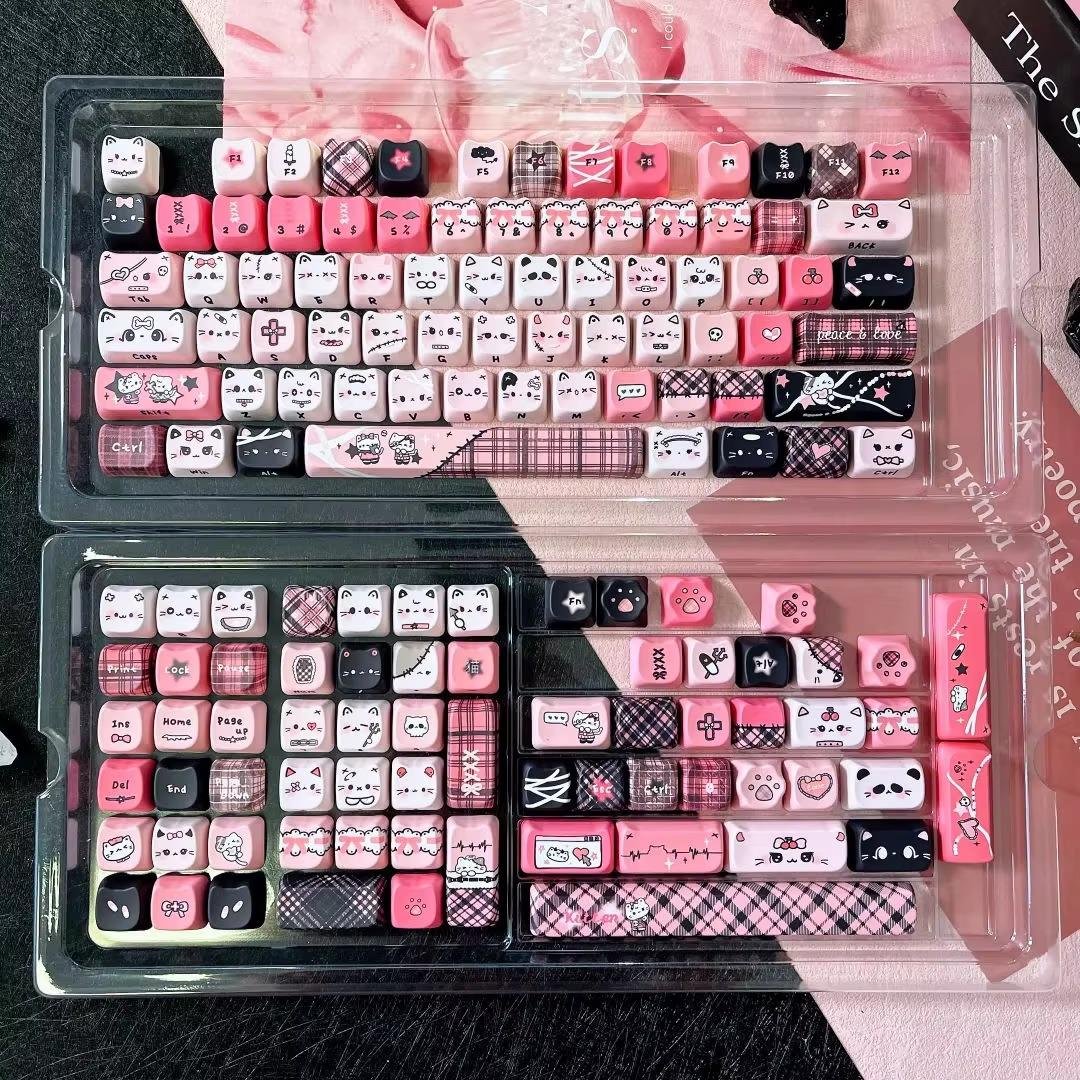 Black Pink Cat Keycap Set, 130 PBT Side-Carved Keys, Cute Keycaps for Mechanical Keyboard, 7U Split Layout, Aesthetic Design - Image 2