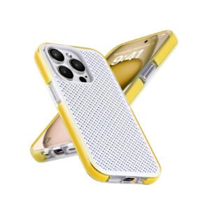 Yellow-bordered white phone case, size 6*3.1*0.56 inches, compatible with iPhone 14 Pro 6.1 inches